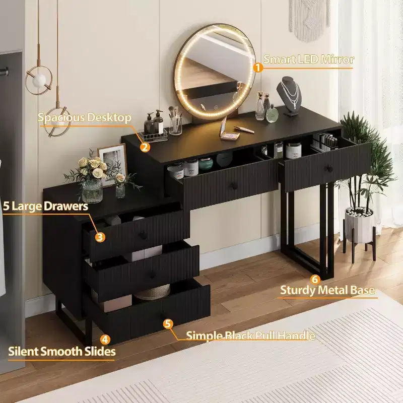 5-Drawer Plastic Vanity Table PB BoardIron Frame, Makeup Storage Desk for Dressing Room