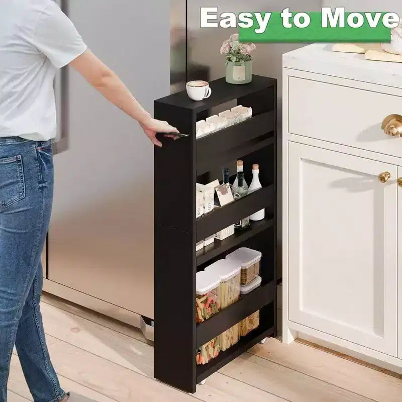 Slim Rolling Storage Cart 4 - Tier Kitchen Cart with Wheels Laundry Room Storage Black Narrow Corner Organizer Trolley Shelves