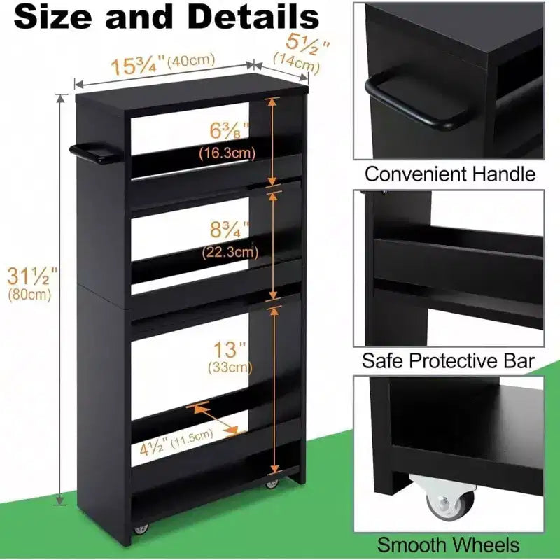 Slim Rolling Storage Cart 4 - Tier Kitchen Cart with Wheels Laundry Room Storage Black Narrow Corner Organizer Trolley Shelves