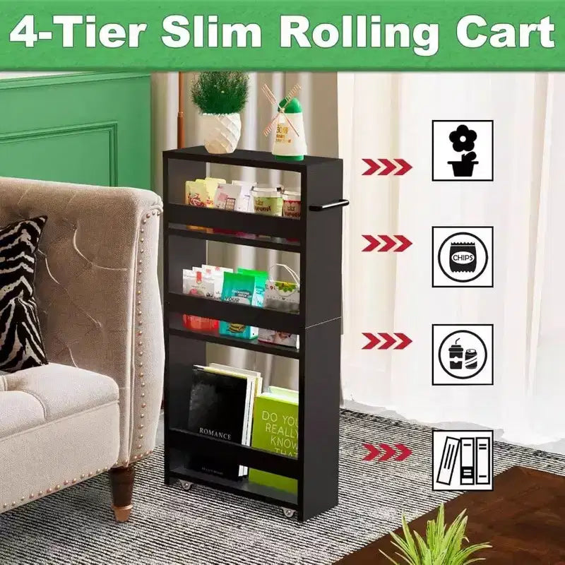 Slim Rolling Storage Cart 4 - Tier Kitchen Cart with Wheels Laundry Room Storage Black Narrow Corner Organizer Trolley Shelves