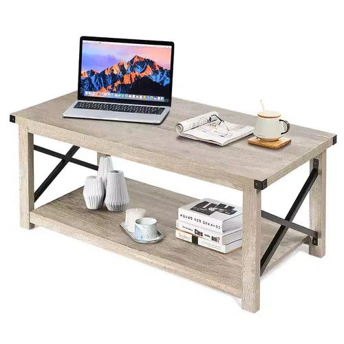 Costway 2-Tier Industrial Rectangle Coffee Table Sofa Center Table Storage Shelf