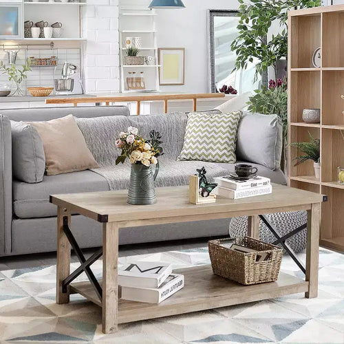 Costway 2-Tier Industrial Rectangle Coffee Table Sofa Center Table Storage Shelf