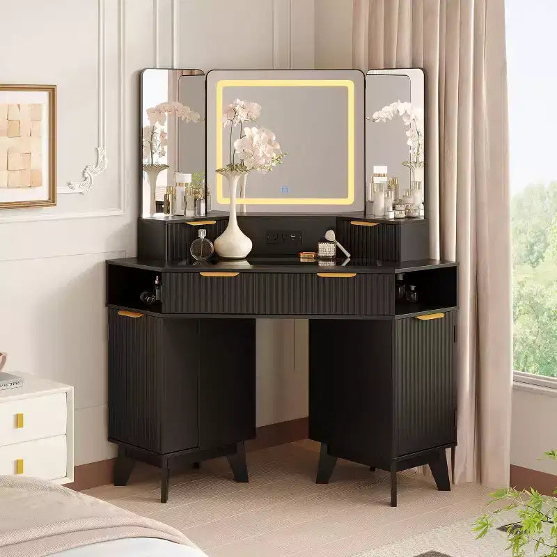 GustoWave 48 inch Fluted Corner Vanity Desk with Triple Mirror for Bedroo