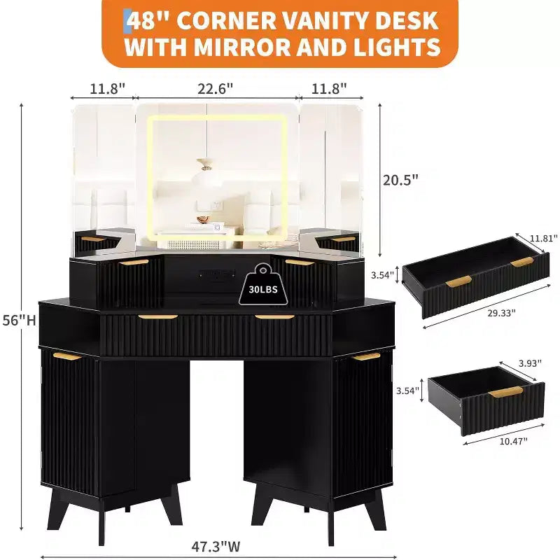 GustoWave 48 inch Fluted Corner Vanity Desk with Triple Mirror for Bedroo