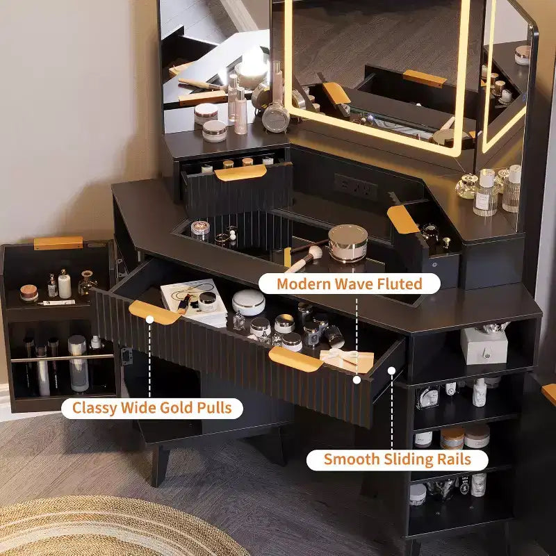 GustoWave 48 inch Fluted Corner Vanity Desk with Triple Mirror for Bedroo