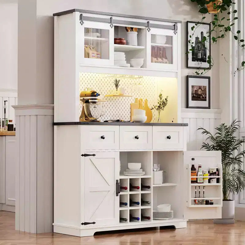 MAYEERTY White Oak 71 Farmhouse Pantry Bar Cabinet, Sliding Door with Power Outlet Pegboard Wine Glass Rack 3 Drawers