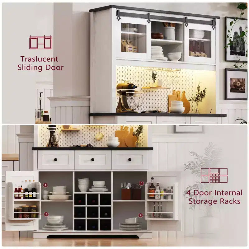 MAYEERTY White Oak 71 Farmhouse Pantry Bar Cabinet, Sliding Door with Power Outlet Pegboard Wine Glass Rack 3 Drawers