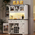 MAYEERTY White Oak 71 Farmhouse Pantry Bar Cabinet, Sliding Door with Power Outlet Pegboard Wine Glass Rack 3 Drawers