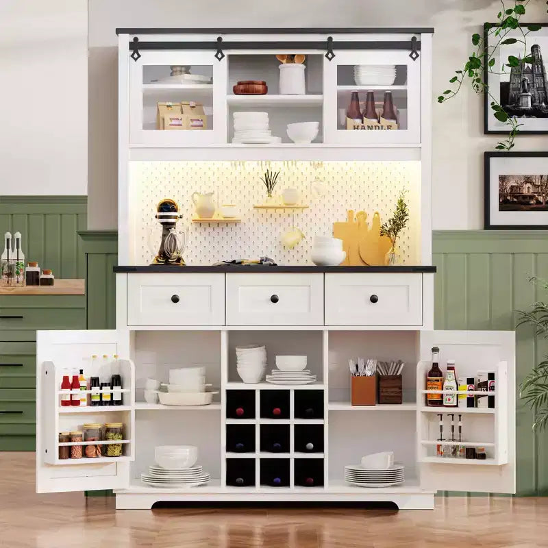 MAYEERTY White Oak 71 Farmhouse Pantry Bar Cabinet, Sliding Door with Power Outlet Pegboard Wine Glass Rack 3 Drawers