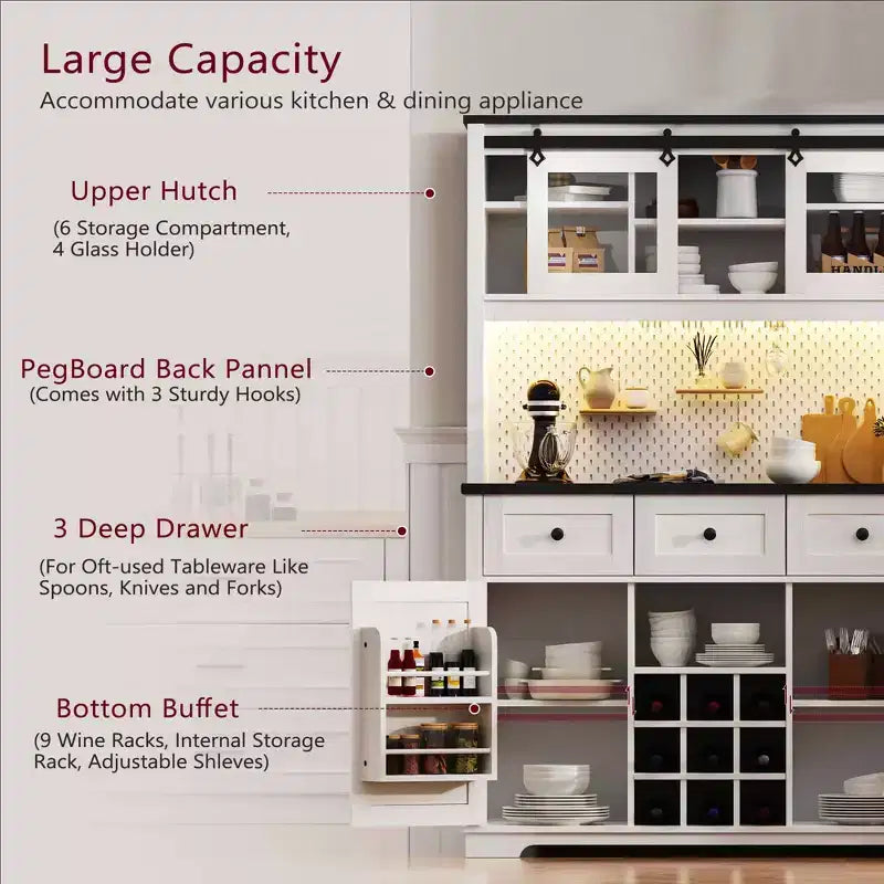 MAYEERTY White Oak 71 Farmhouse Pantry Bar Cabinet, Sliding Door with Power Outlet Pegboard Wine Glass Rack 3 Drawers