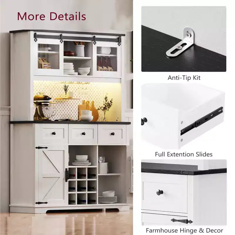 MAYEERTY White Oak 71 Farmhouse Pantry Bar Cabinet, Sliding Door with Power Outlet Pegboard Wine Glass Rack 3 Drawers