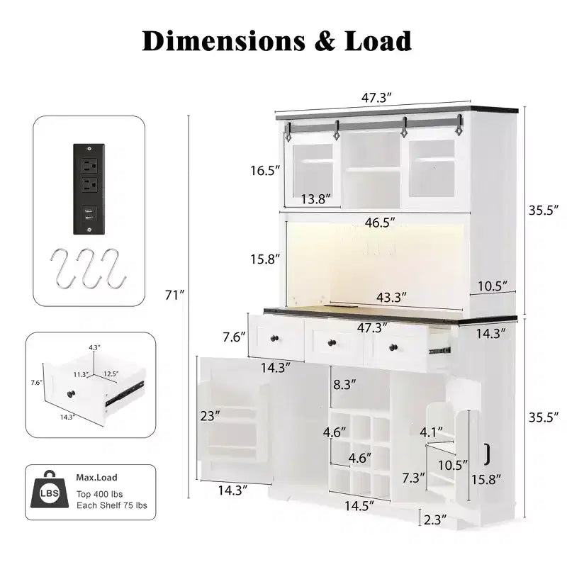 MAYEERTY White Oak 71 Farmhouse Pantry Bar Cabinet, Sliding Door with Power Outlet Pegboard Wine Glass Rack 3 Drawers