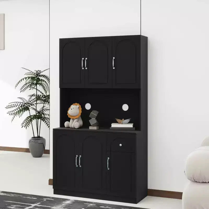 MAYEERTY Black 71 Kitchen Pantry Cabinet, Microwave Countertop 6 Doors 1 Drawer Adjustable Shelves