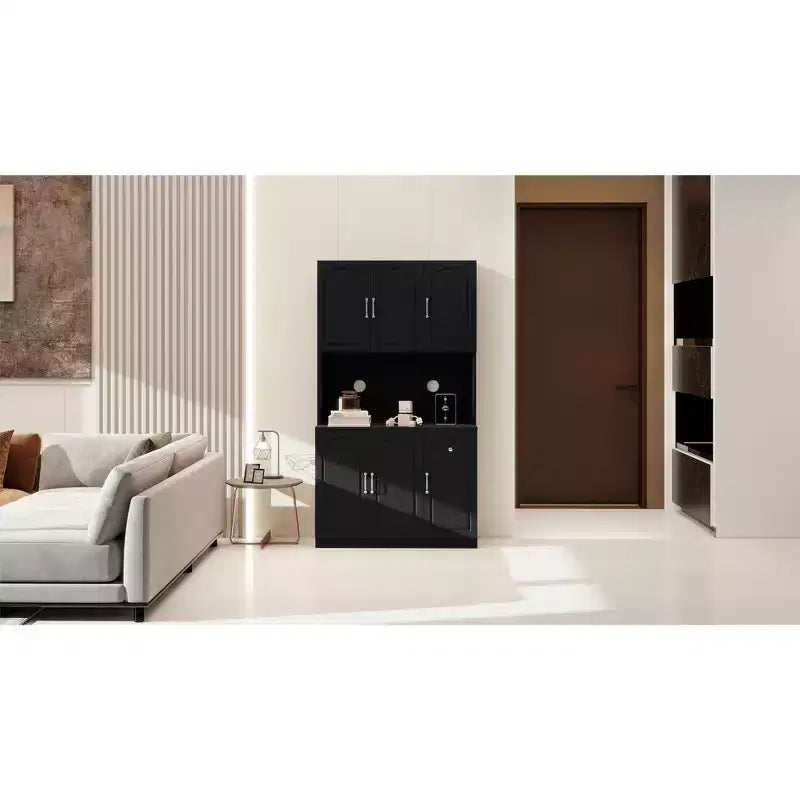 MAYEERTY Black 71 Kitchen Pantry Cabinet, Microwave Countertop 6 Doors 1 Drawer Adjustable Shelves