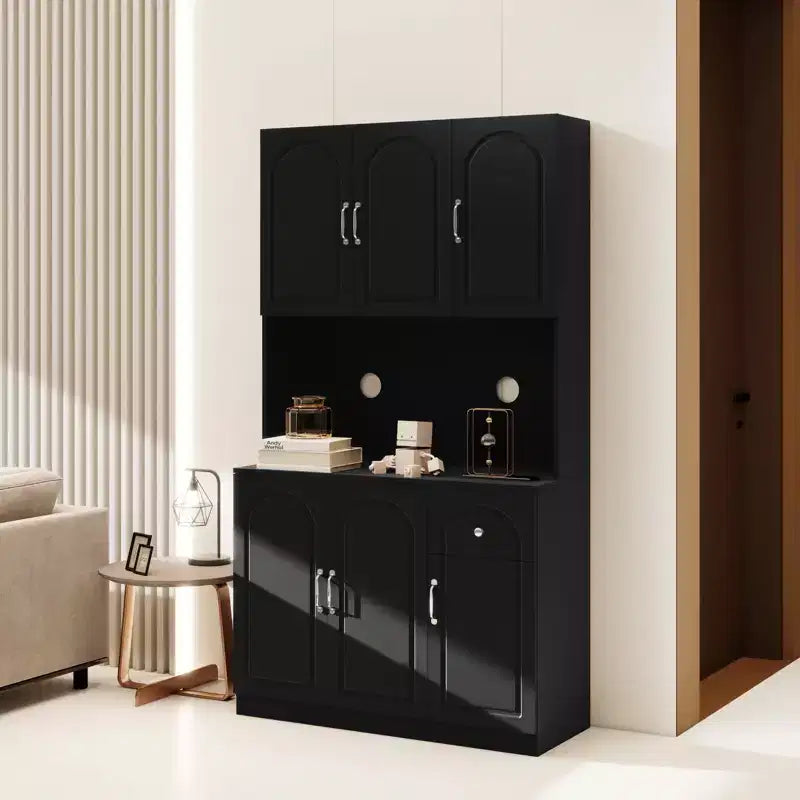 MAYEERTY Black 71 Kitchen Pantry Cabinet, Microwave Countertop 6 Doors 1 Drawer Adjustable Shelves