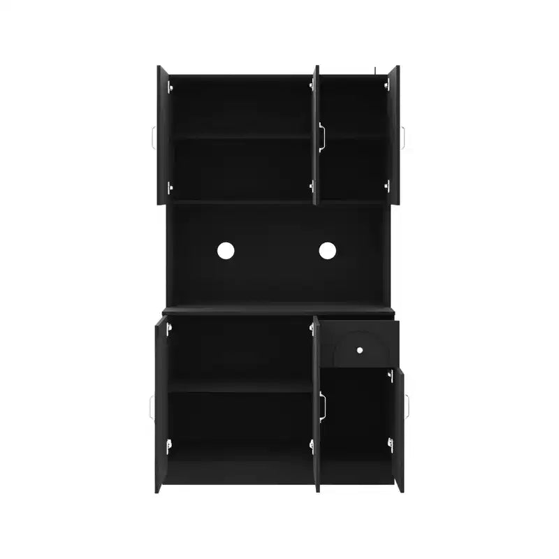 MAYEERTY Black 71 Kitchen Pantry Cabinet, Microwave Countertop 6 Doors 1 Drawer Adjustable Shelves