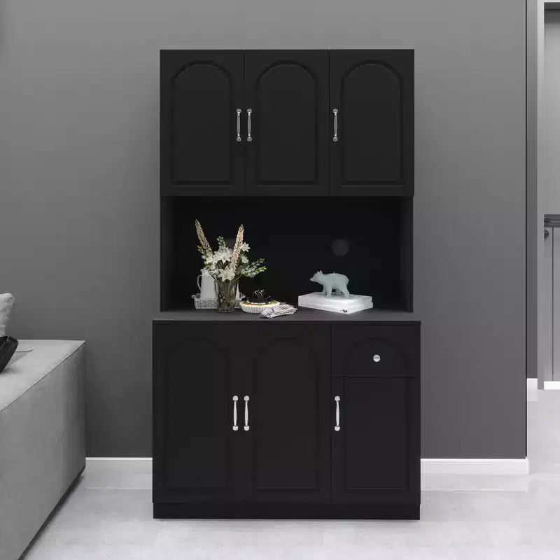 MAYEERTY Black 71 Kitchen Pantry Cabinet, Microwave Countertop 6 Doors 1 Drawer Adjustable Shelves