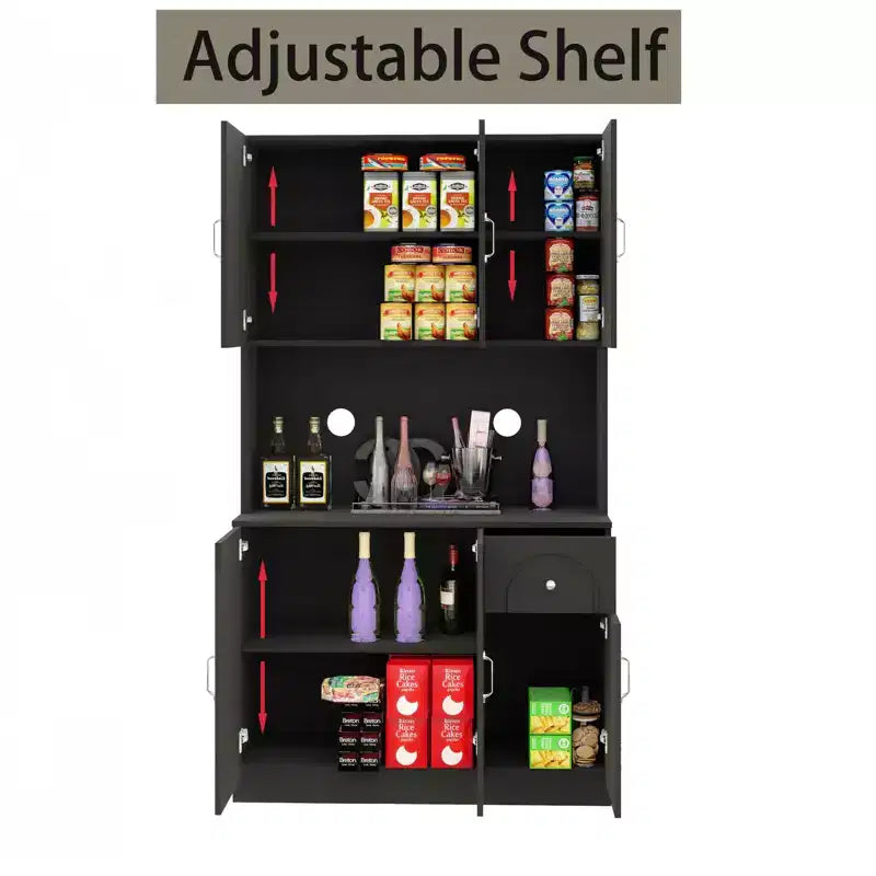 MAYEERTY Black 71 Kitchen Pantry Cabinet, Microwave Countertop 6 Doors 1 Drawer Adjustable Shelves