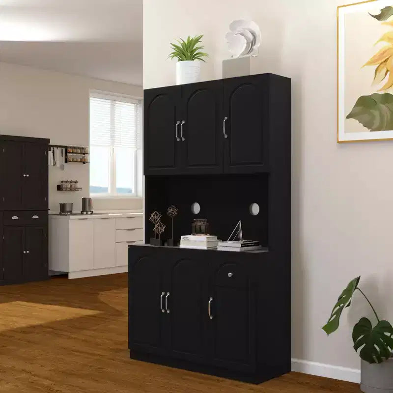 MAYEERTY Black 71 Kitchen Pantry Cabinet, Microwave Countertop 6 Doors 1 Drawer Adjustable Shelves