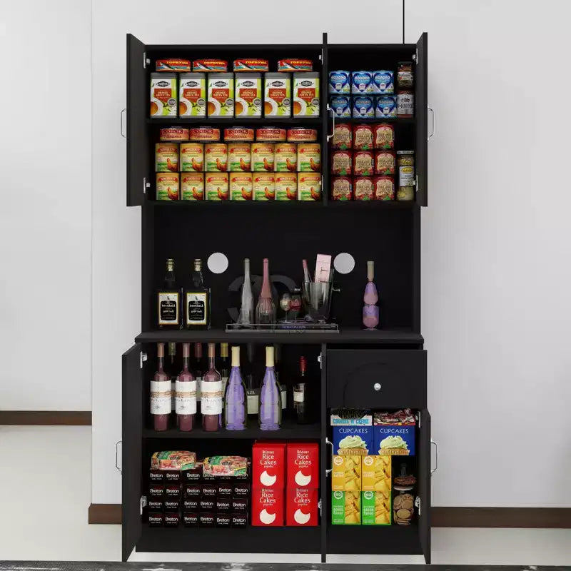 MAYEERTY Black 71 Kitchen Pantry Cabinet, Microwave Countertop 6 Doors 1 Drawer Adjustable Shelves