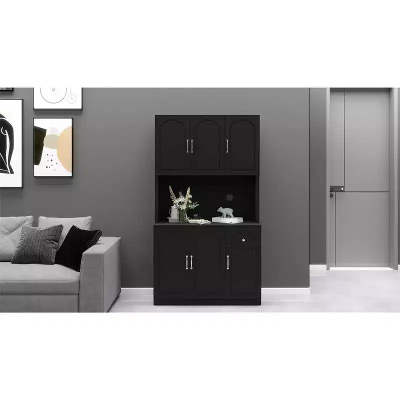 MAYEERTY Black 71 Kitchen Pantry Cabinet, Microwave Countertop 6 Doors 1 Drawer Adjustable Shelves