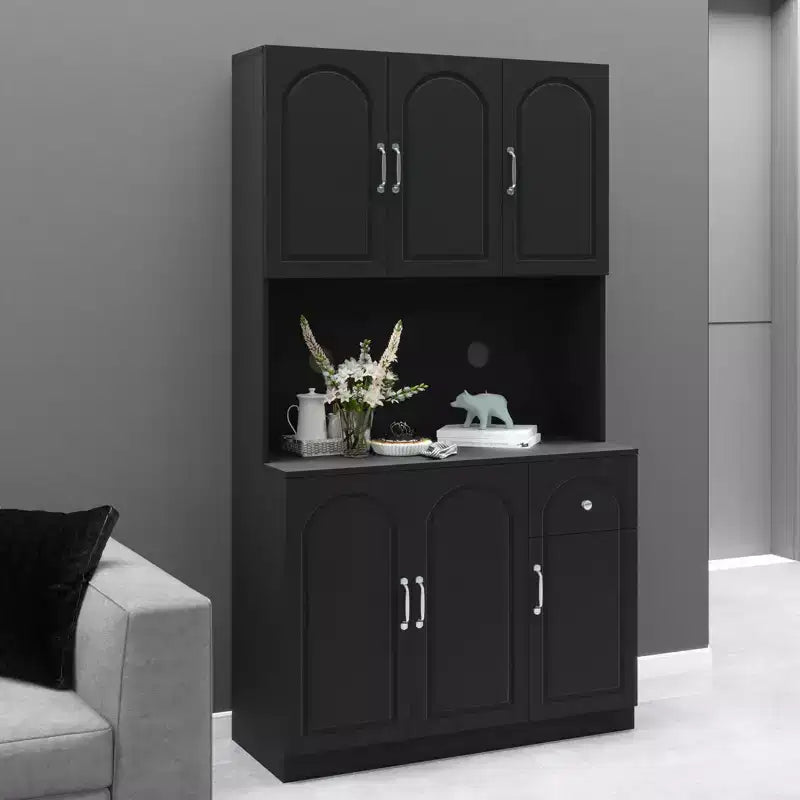 MAYEERTY Black 71 Kitchen Pantry Cabinet, Microwave Countertop 6 Doors 1 Drawer Adjustable Shelves