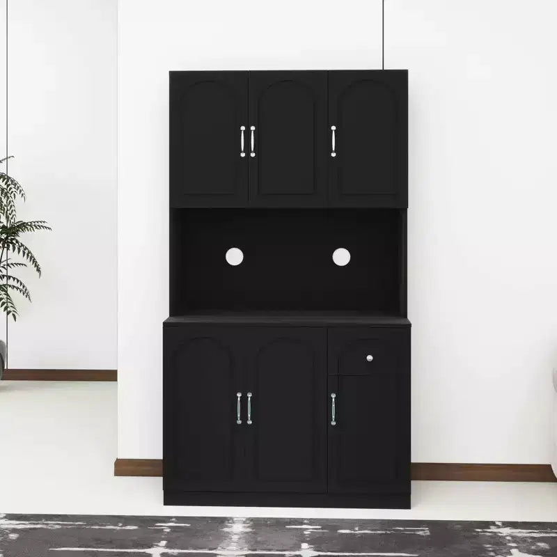 MAYEERTY Black 71 Kitchen Pantry Cabinet, Microwave Countertop 6 Doors 1 Drawer Adjustable Shelves