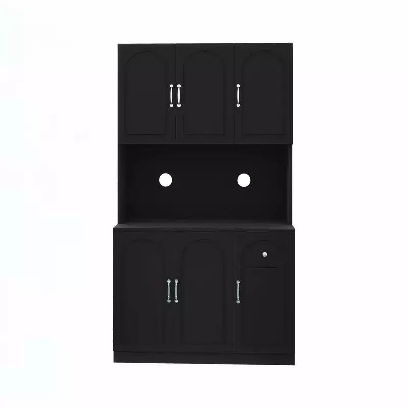 MAYEERTY Black 71 Kitchen Pantry Cabinet, Microwave Countertop 6 Doors 1 Drawer Adjustable Shelves