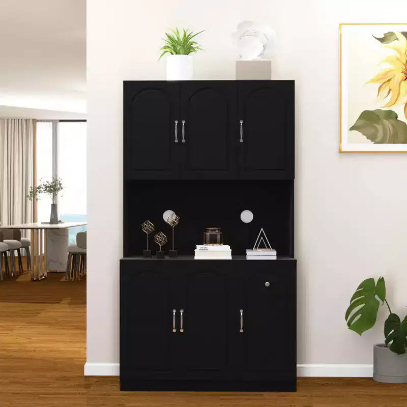 MAYEERTY Black 71 Kitchen Pantry Cabinet, Microwave Countertop 6 Doors 1 Drawer Adjustable Shelves