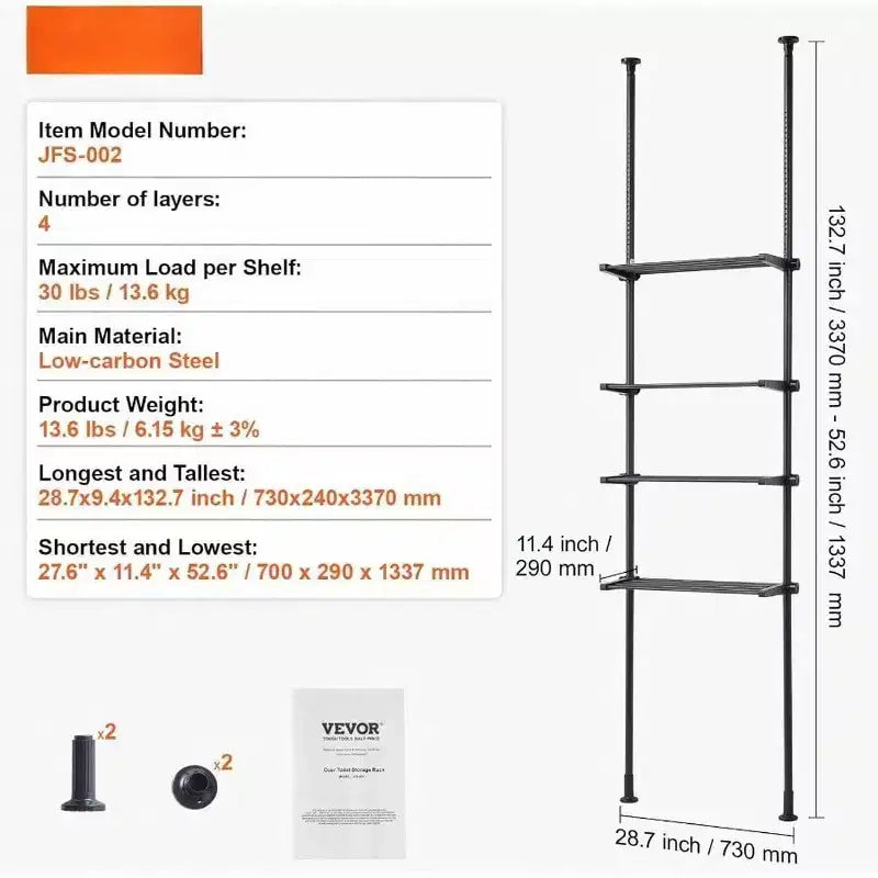 Over Toilet Shelf 4 - Tier Adjustable Storage Rack Low - Carbon Steel Small Bathroom Space Saver Laundry Room