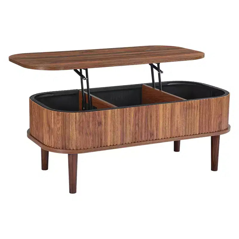 VEVOR 39.4 in Lift Top Coffee Table, Fluted Oval Coffee Table with 3 Hidden Compartment, Mid Century Wooden Oval Center Desk, Lift Up Tabletop, Walnut