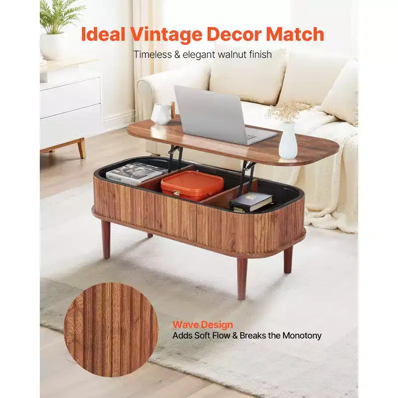 VEVOR 39.4 in Lift Top Coffee Table, Fluted Oval Coffee Table with 3 Hidden Compartment, Mid Century Wooden Oval Center Desk, Lift Up Tabletop, Walnut