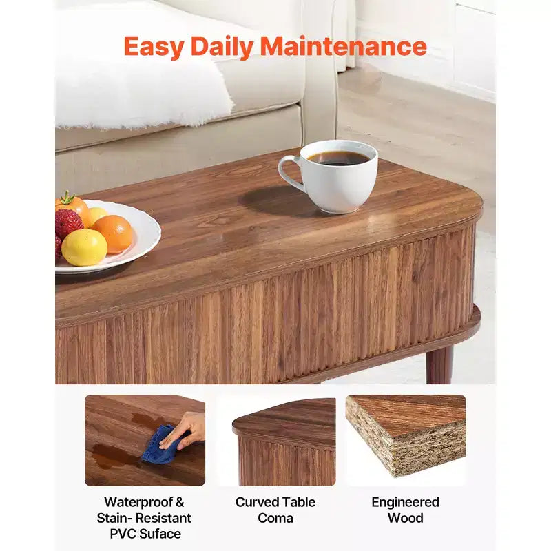 VEVOR 39.4 in Lift Top Coffee Table, Fluted Oval Coffee Table with 3 Hidden Compartment, Mid Century Wooden Oval Center Desk, Lift Up Tabletop, Walnut