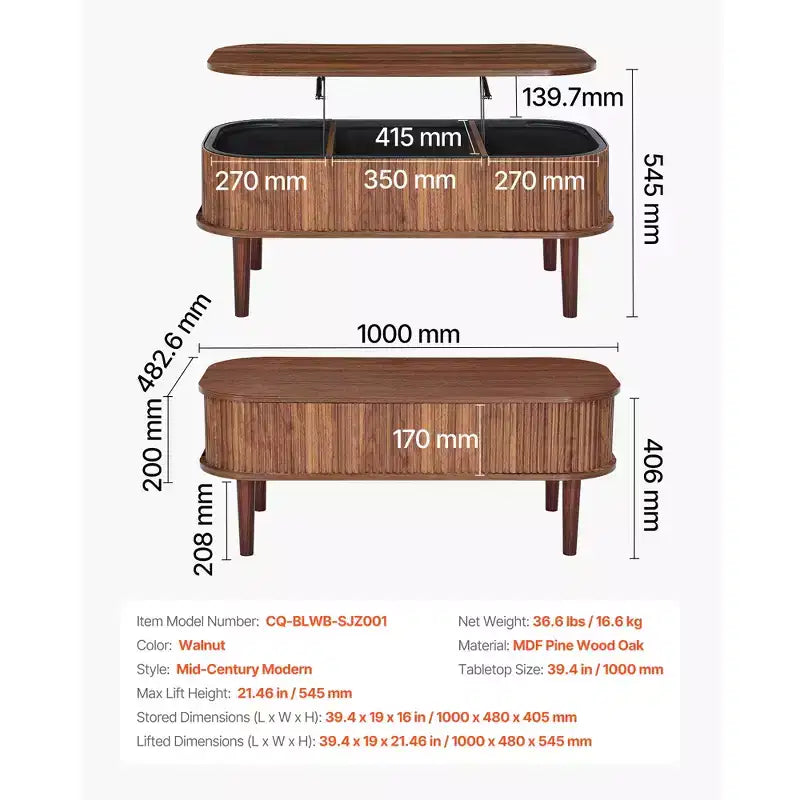 VEVOR 39.4 in Lift Top Coffee Table, Fluted Oval Coffee Table with 3 Hidden Compartment, Mid Century Wooden Oval Center Desk, Lift Up Tabletop, Walnut