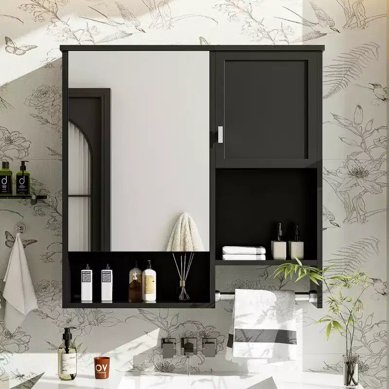 MAYEERTY 28.74 Modern Wall Mounted Bathroom Medicine Cabinet, Bathroom Wall Storage Cabinet with Mirror Towels Bar Black