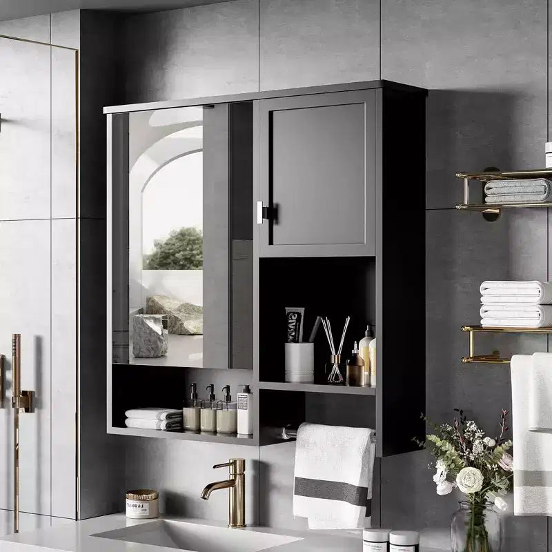 MAYEERTY 28.74 Modern Wall Mounted Bathroom Medicine Cabinet, Bathroom Wall Storage Cabinet with Mirror Towels Bar Black