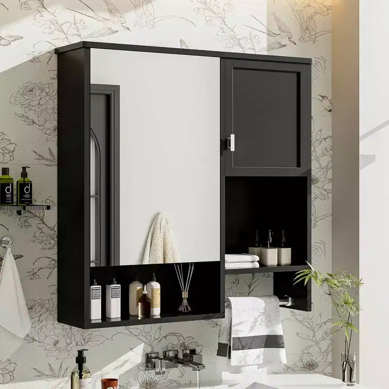 MAYEERTY 28.74 Modern Wall Mounted Bathroom Medicine Cabinet, Bathroom Wall Storage Cabinet with Mirror Towels Bar Black