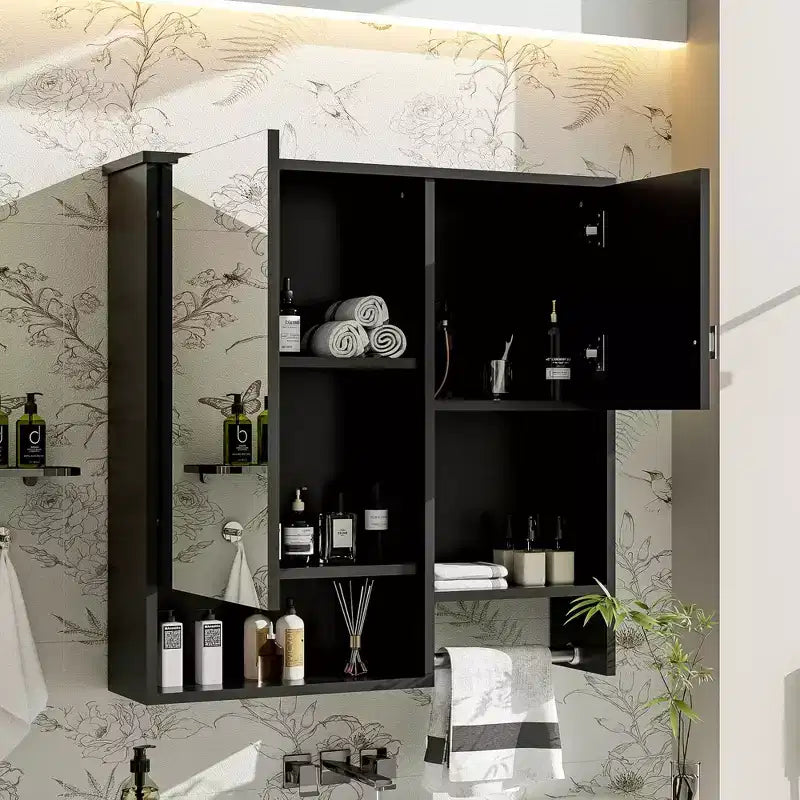 MAYEERTY 28.74 Modern Wall Mounted Bathroom Medicine Cabinet, Bathroom Wall Storage Cabinet with Mirror Towels Bar Black