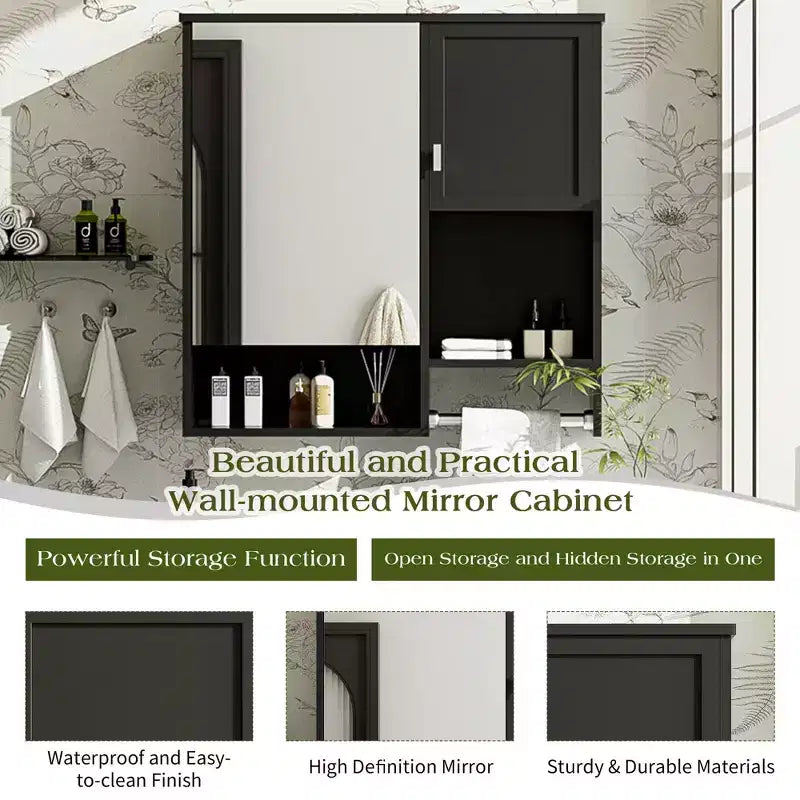 MAYEERTY 28.74 Modern Wall Mounted Bathroom Medicine Cabinet, Bathroom Wall Storage Cabinet with Mirror Towels Bar Black