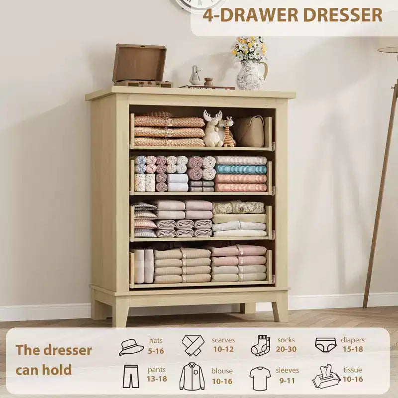 Commode de chambre à coucher avec 4 tiroirs en bois pour placard Commode