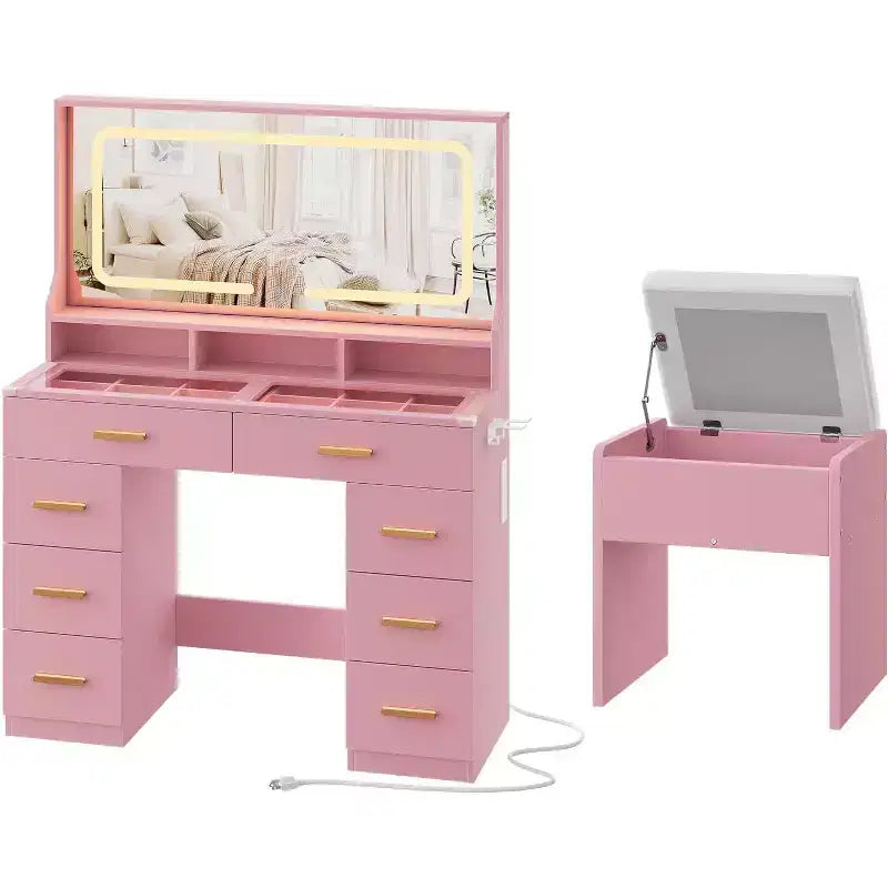 COZONY 42 LED Makeup Vanity Desk with Large Mirror, 8 Drawers, Charging Station & Storage Stool, Pink