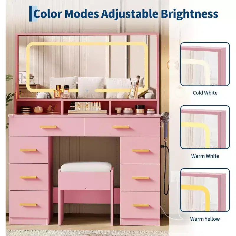 Coiffeuse LED avec grand miroir, 8 tiroirs, station de charge et tabouret de rangement