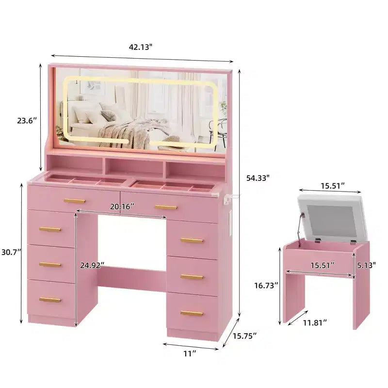 Coiffeuse LED avec grand miroir, 8 tiroirs, station de charge et tabouret de rangement