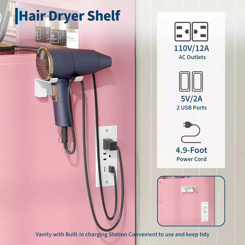 Coiffeuse LED avec grand miroir, 8 tiroirs, station de charge et tabouret de rangement