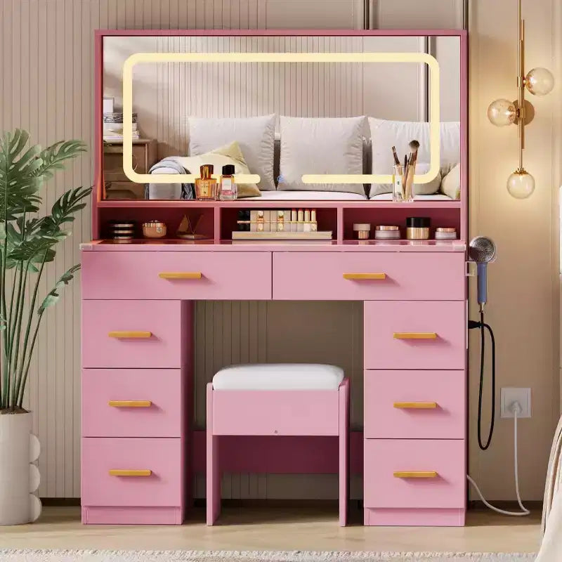 Coiffeuse LED avec grand miroir, 8 tiroirs, station de charge et tabouret de rangement
