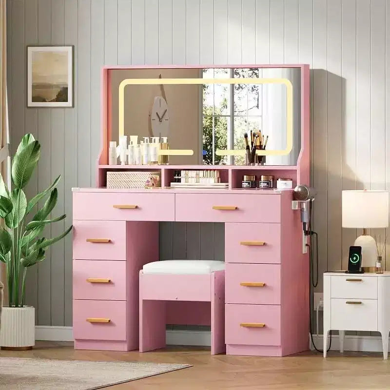 Coiffeuse LED avec grand miroir, 8 tiroirs, station de charge et tabouret de rangement