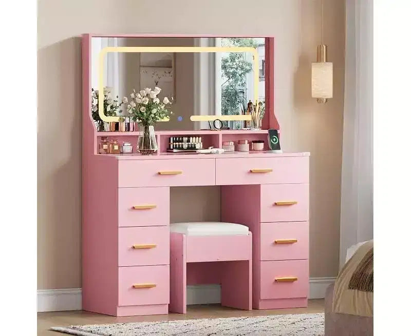 Coiffeuse LED avec grand miroir, 8 tiroirs, station de charge et tabouret de rangement