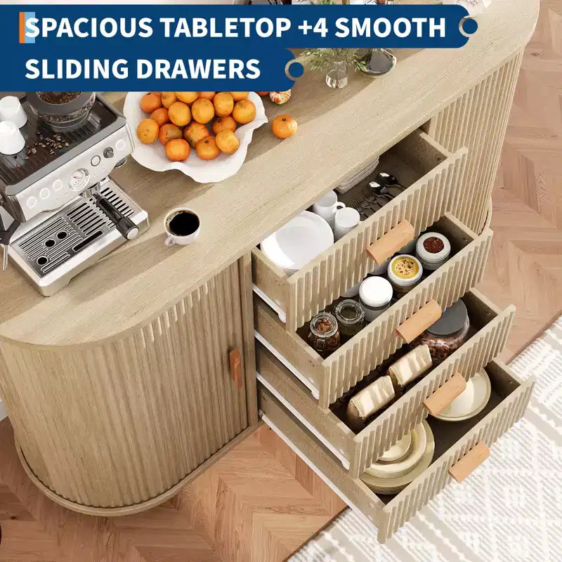 Buffet de salle à manger avec rangement, meuble de bar à café cannelé avec 4 tiroirs