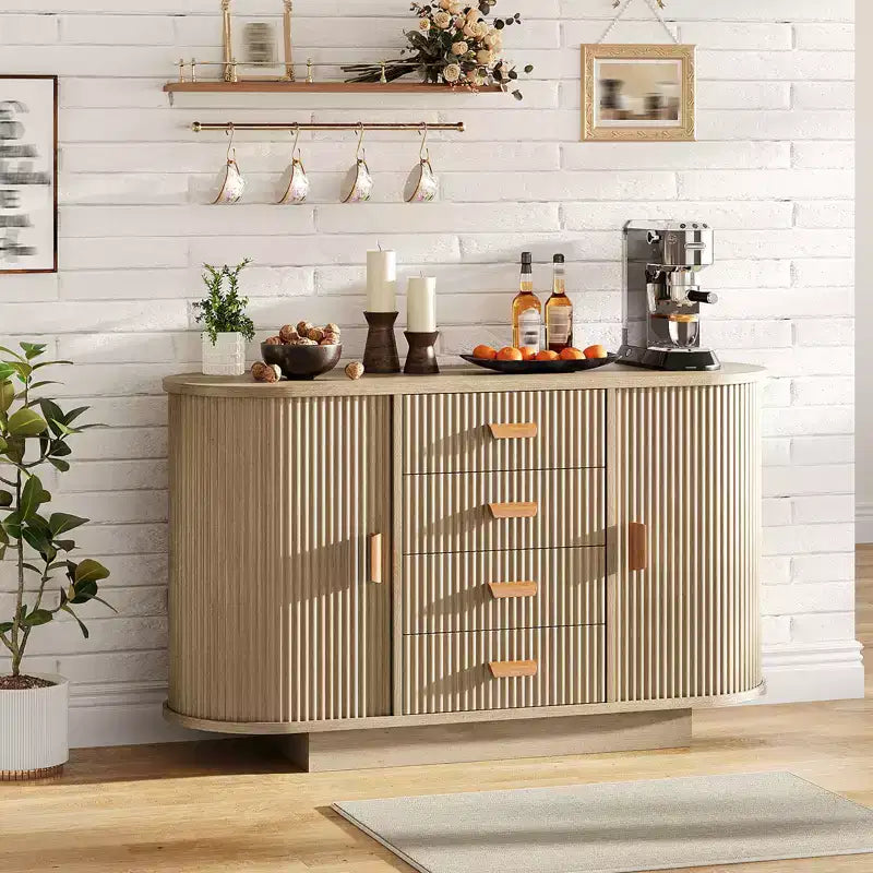 Buffet de salle à manger avec rangement, meuble de bar à café cannelé avec 4 tiroirs
