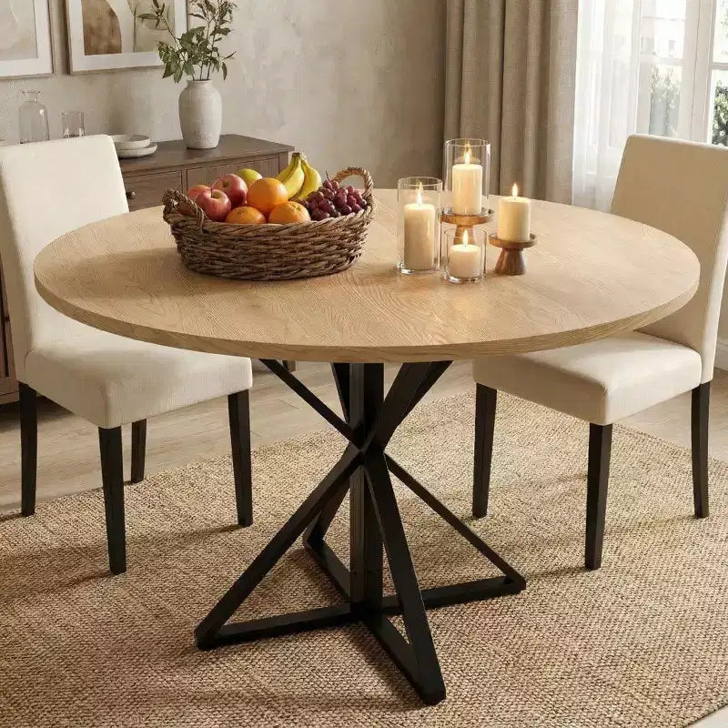 Table à manger ronde pour 4-6 personnes, table de cuisine de style campagnard de 120 cm avec rangement